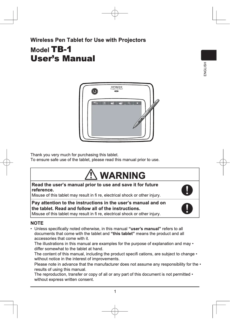 Page 1 de la notice Manuel utilisateur Hitachi TB-1