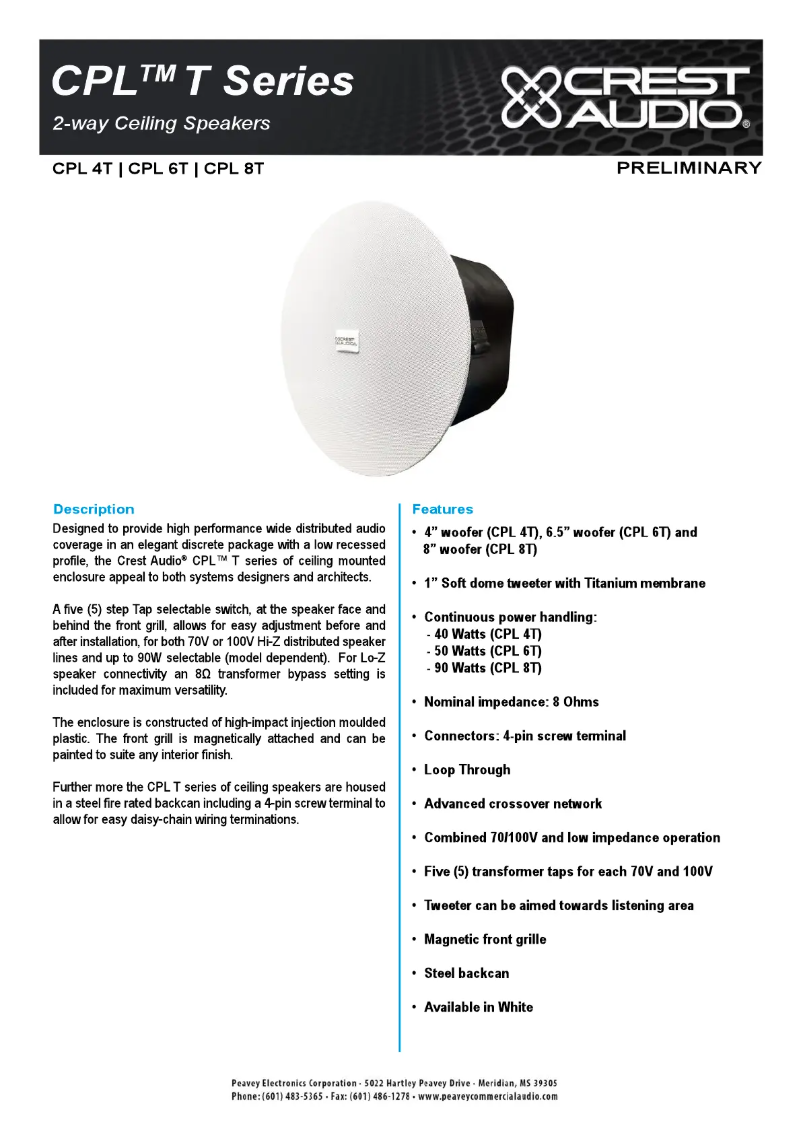 Page 1 de la notice Fiche technique Crest Audio CPL 6T