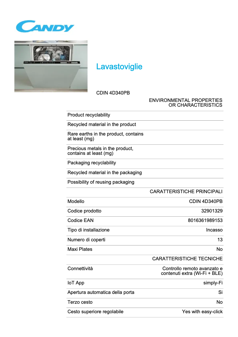 Page 1 de la notice Fiche technique Candy CDIN 4D340PB