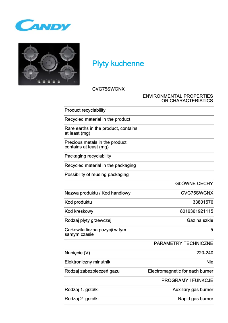 Page n°1 - Fiche technique Candy CVG75SWGNX