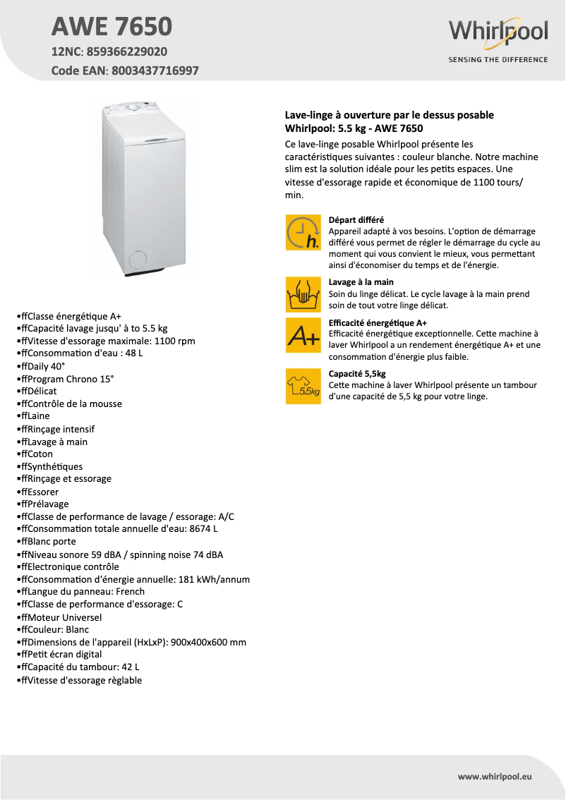 Page 1 de la notice Fiche technique Whirlpool AWE 7650