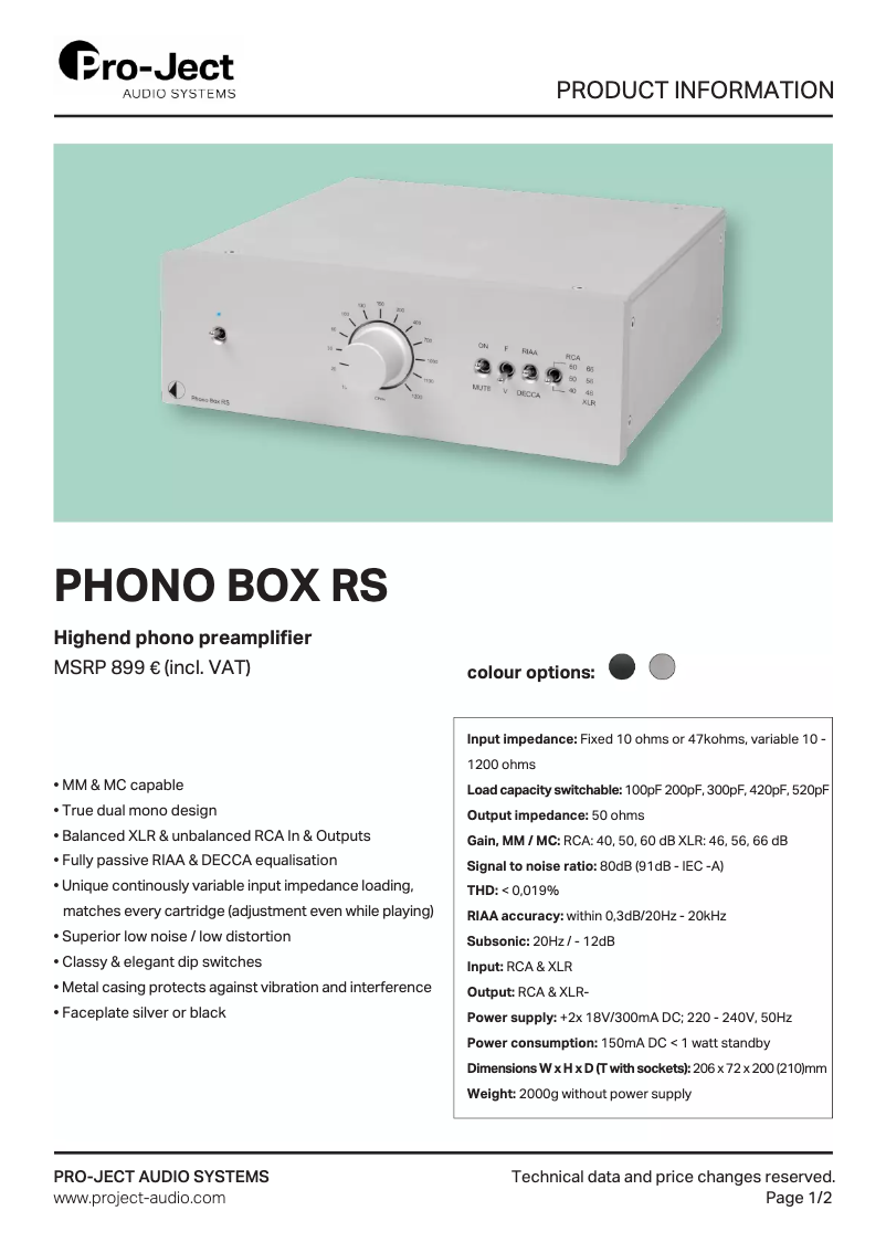 Page 1 de la notice Manuel utilisateur Pro-Ject Phono Box RS