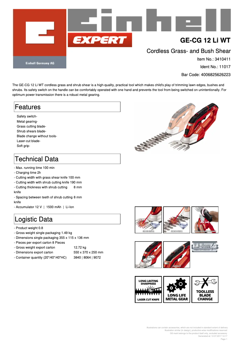 Page n°1 - Fiche technique Einhell GE-CG 12 Li WT