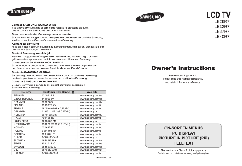Page 1 de la notice Manuel utilisateur Samsung LE37R72N