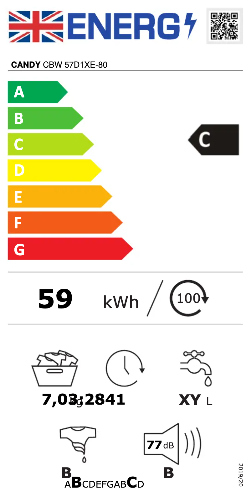 Page 1 de la notice Label énergétique Candy CBW 57D1XE-80