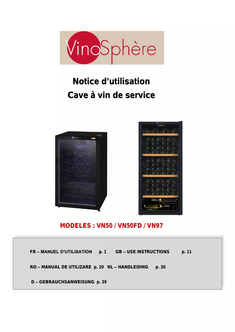 Page n°1 - Manuel utilisateur Vinosphère VN97