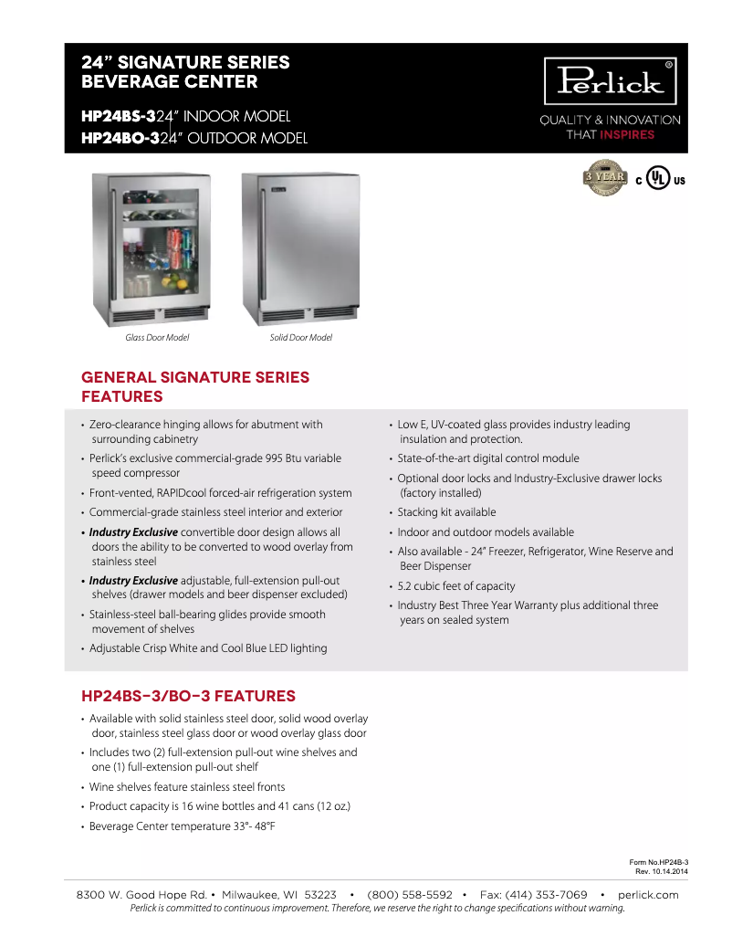 Page 1 de la notice Fiche technique Perlick Signature Series HP24BS-3-2L