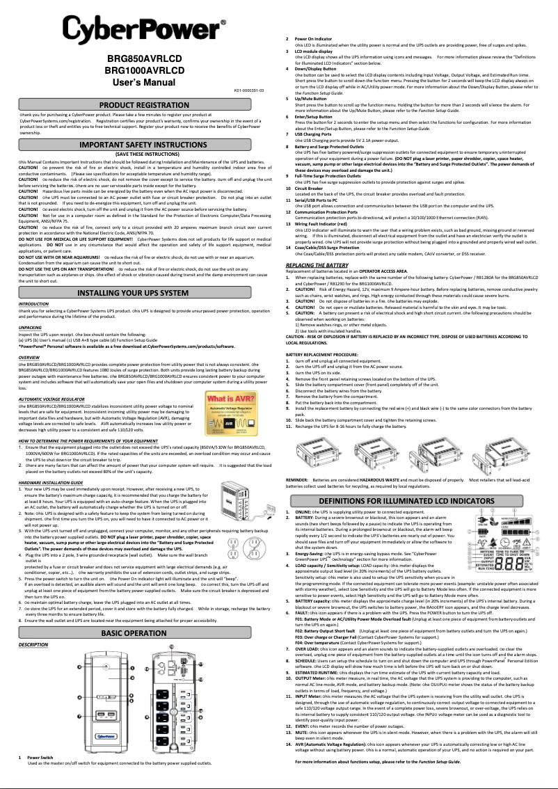 Página 1 del manual Información de garantía CyberPower BRG1000AVRLCD
