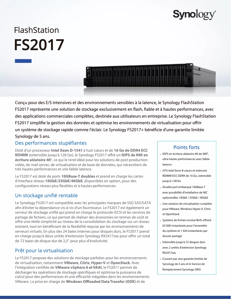 Page 1 de la notice Fiche technique Synology FS2017