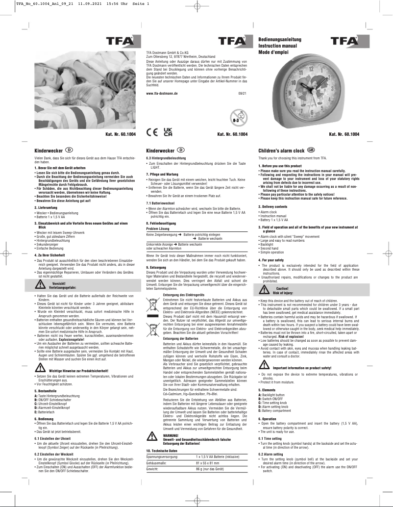 Page 1 de la notice Manuel utilisateur TFA 60.1004