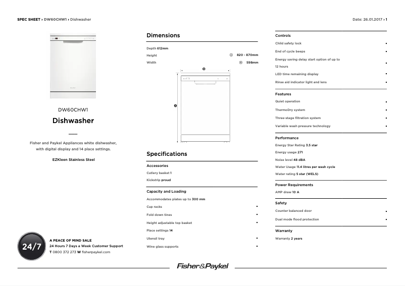 Page n°1 - Fiche technique Fisher & Paykel DW60CHW1