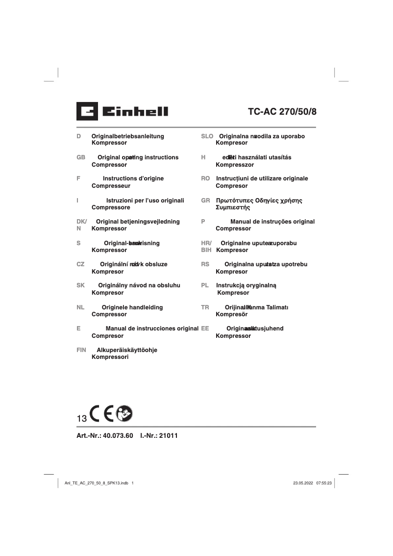 Page n°1 - Manuel utilisateur Einhell TC-AC 270/50/8
