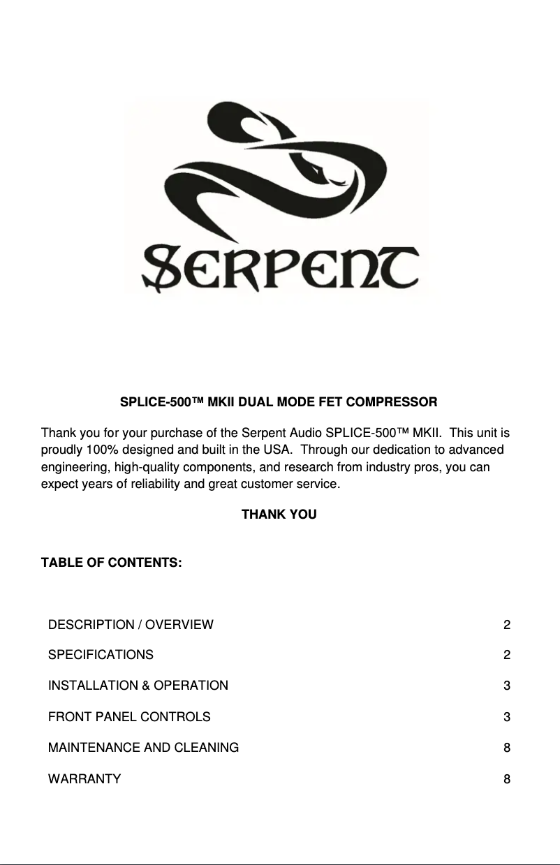 Page n°1 - Manuel utilisateur Serpent Splice-500 MKII