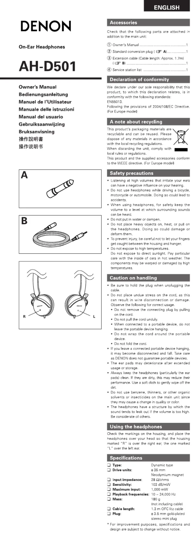 Page 1 de la notice Manuel utilisateur Denon AH-D501