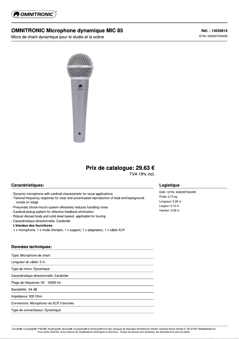Página 1 del manual Ficha técnica Omnitronic MIC 85