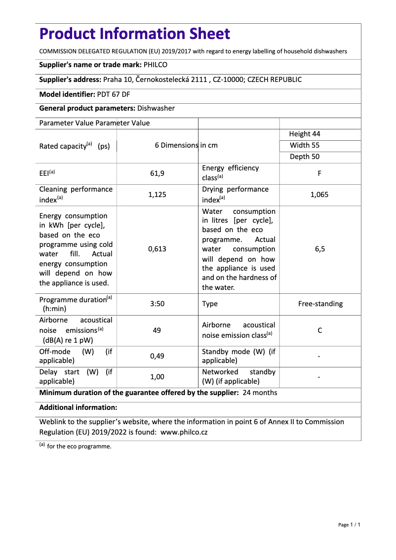 Page 1 de la notice Fiche technique Philco PDT 67 DF