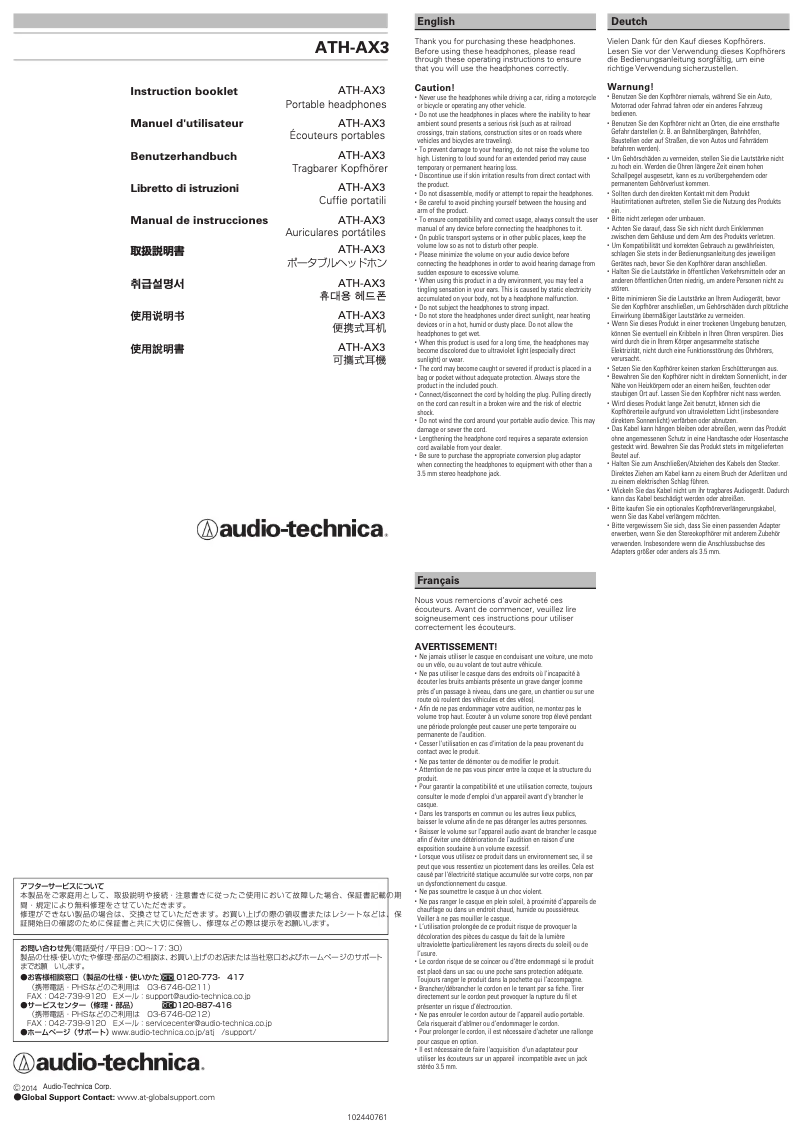 Page 1 de la notice Manuel utilisateur Audio-Technica ATH-AX3
