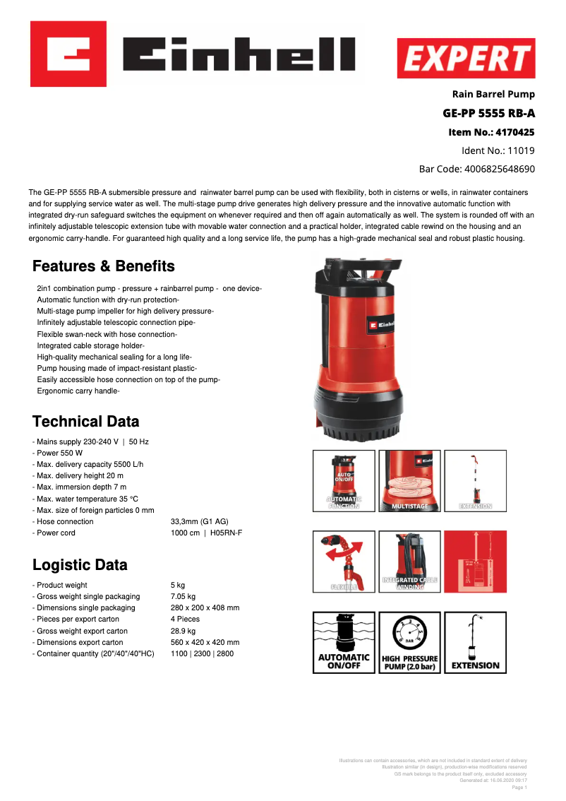 Page 1 de la notice Fiche technique Einhell GE-PP 5555 RB-A