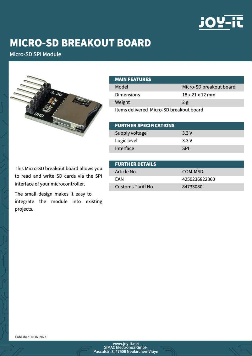 Page 1 de la notice Fiche technique Joy-It COM-MSD