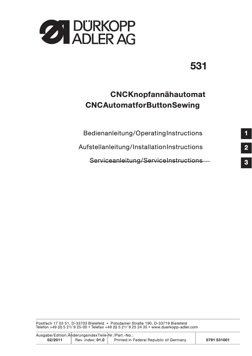 Page n°1 - Guide d'installation Dürkopp Adler 531