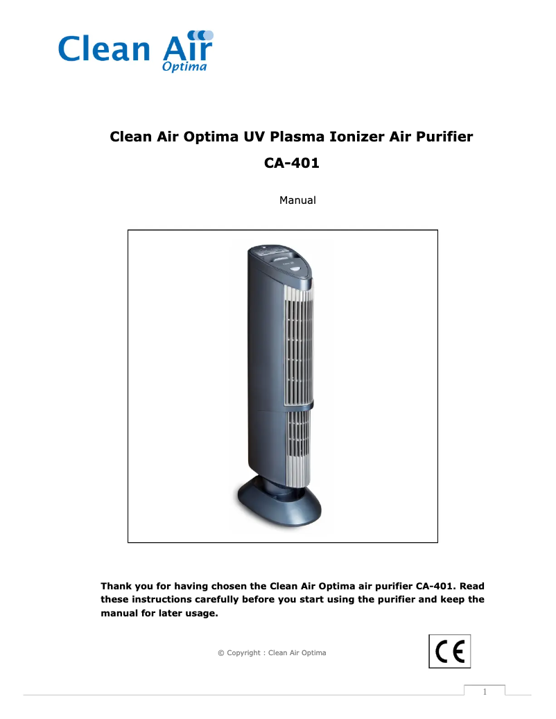 Page 1 of the manual User Manual Clean Air Optima CA-401