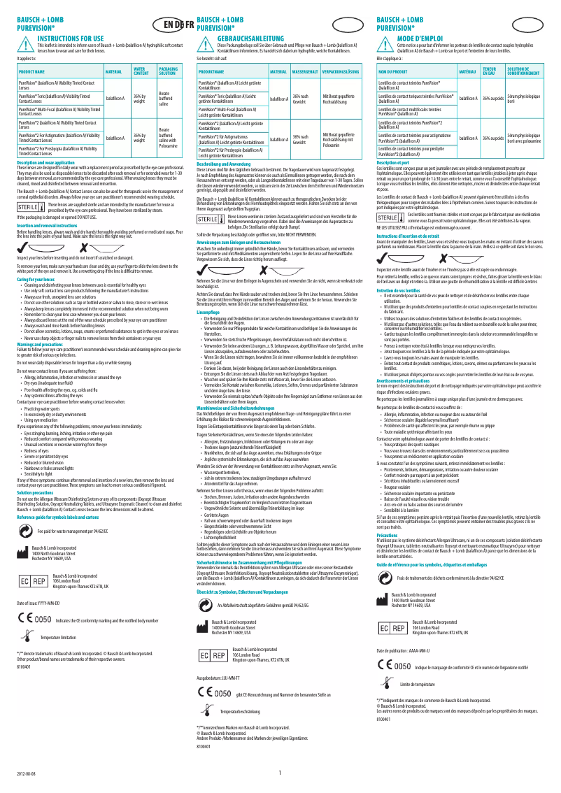 Image de la première page du manuel de l'appareil PureVision Toric