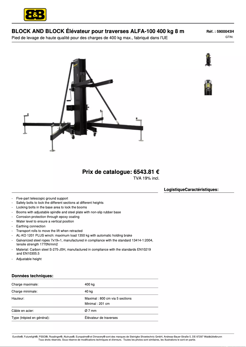 Page 1 de la notice Fiche technique Block & Block ALFA-100