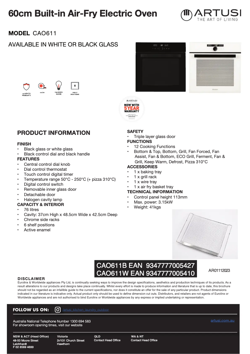 Page 1 de la notice Fiche technique Artusi CAO611