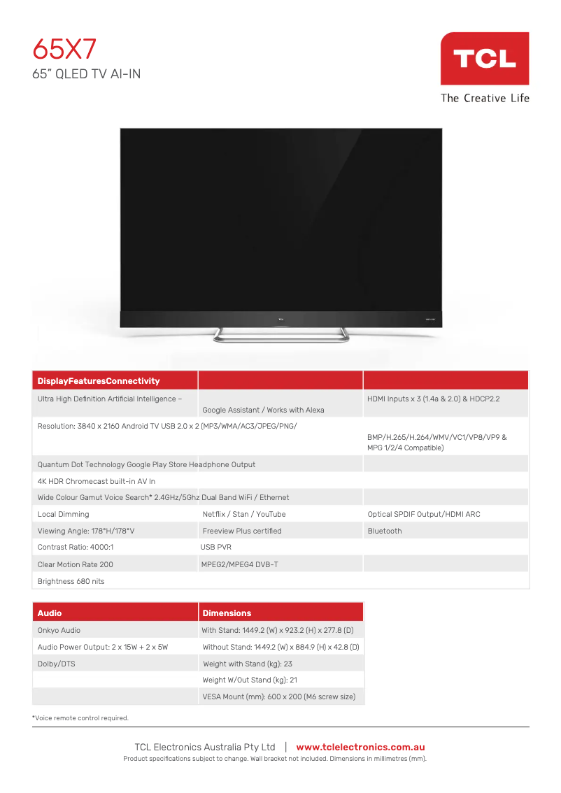 Page 1 de la notice Fiche technique TCL 65X7