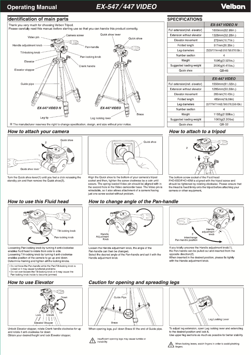 Page 1 de la notice Manuel utilisateur Velbon EX-547