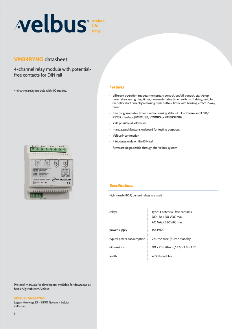 Page n°1 - Fiche technique Velbus VMB4RYNO