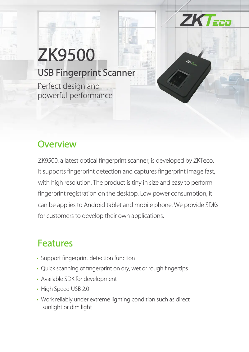Page 1 de la notice Fiche technique ZKTeco ZK9500