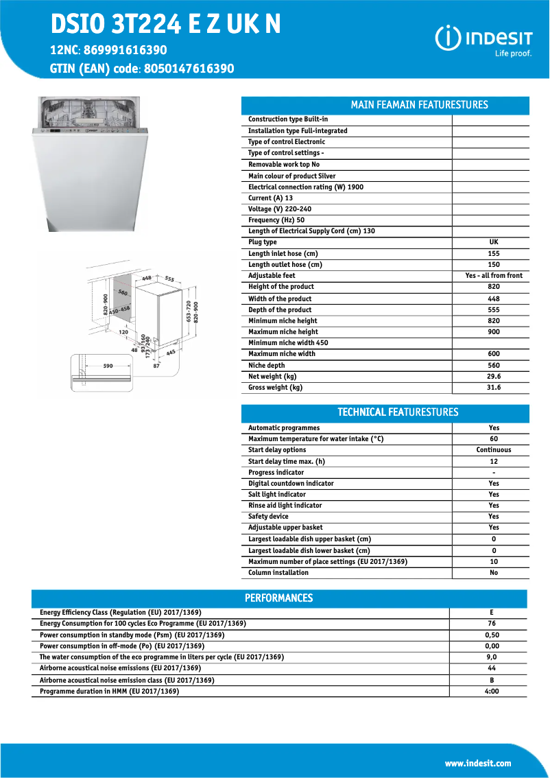 Page n°1 - Fiche technique Indesit DSIO 3T224 E Z UK N