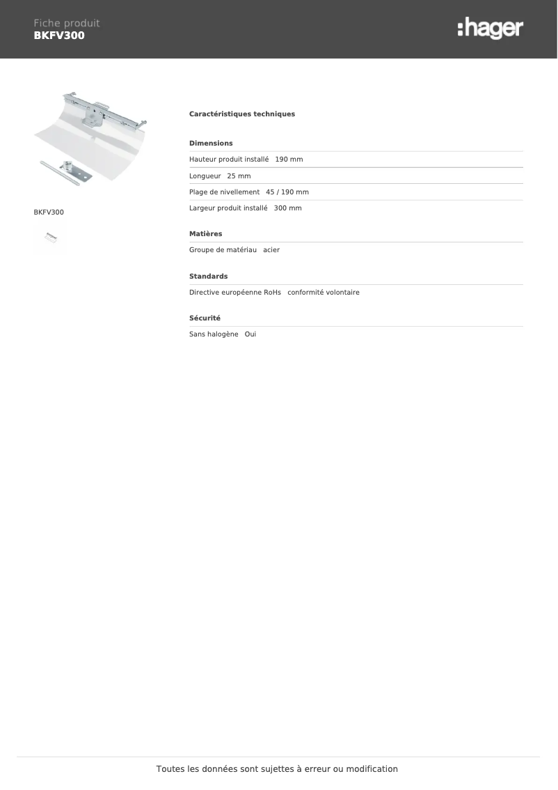 Page 1 de la notice Fiche technique Hager BKFV300