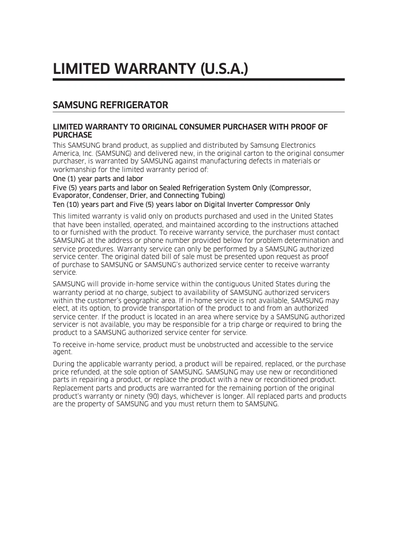 Page 1 de la notice Informations de garantie Samsung RS28A500ASR
