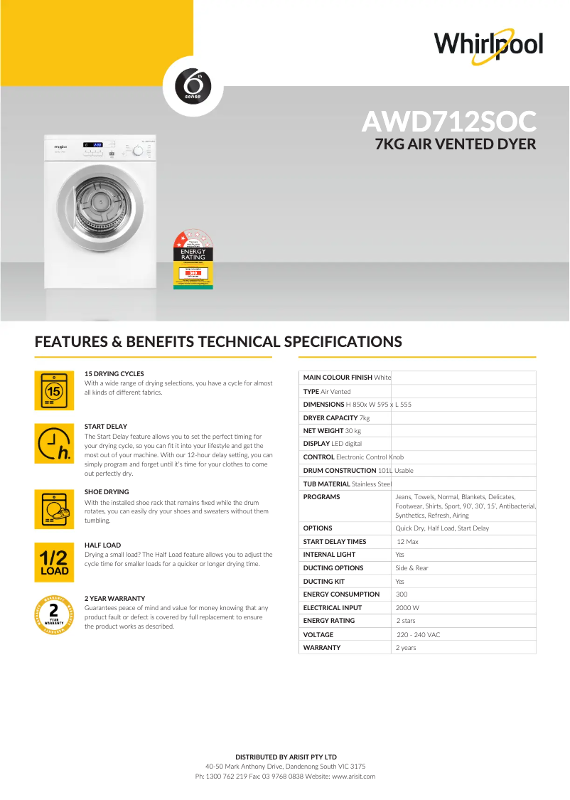 Page n°1 - Fiche technique Whirlpool AWD712SOC