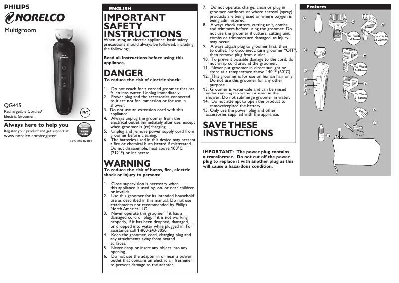 Page 1 de la notice Manuel utilisateur Philips Multigroom Series 1000 QG415