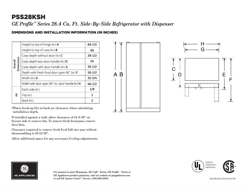 Page 1 de la notice Fiche technique GE Profile PSS28KSHSS