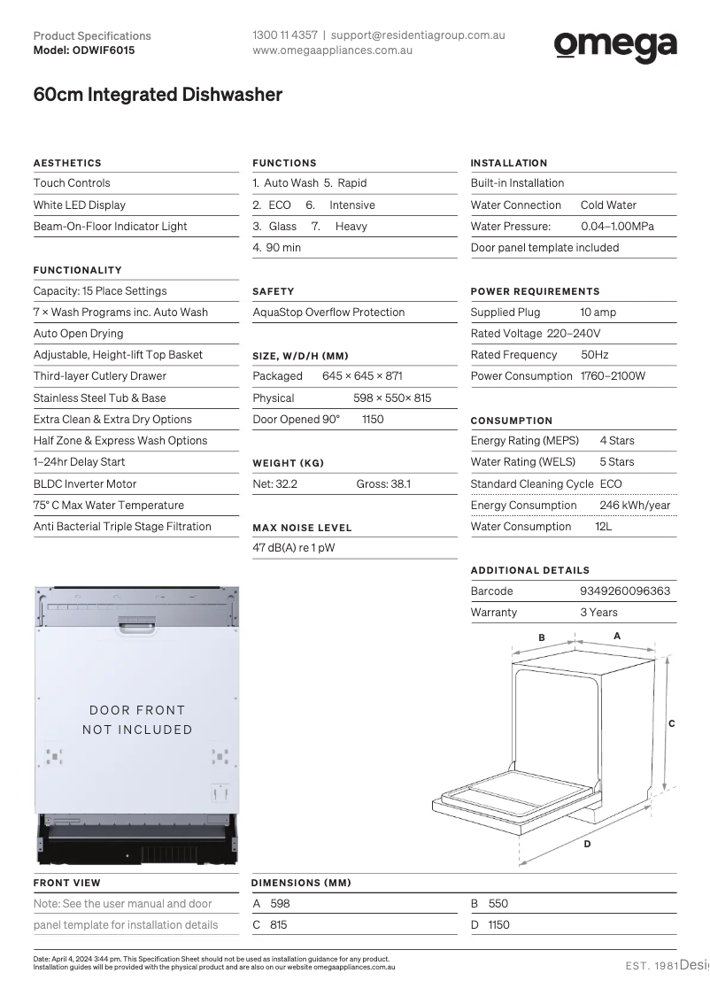 Page 1 of the manual Technical Sheet Omega ODWIF6015