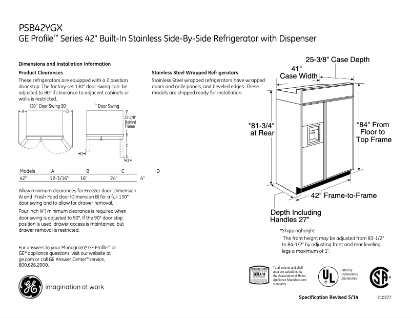 Page n°1 - Fiche technique GE PSB42YGXSV
