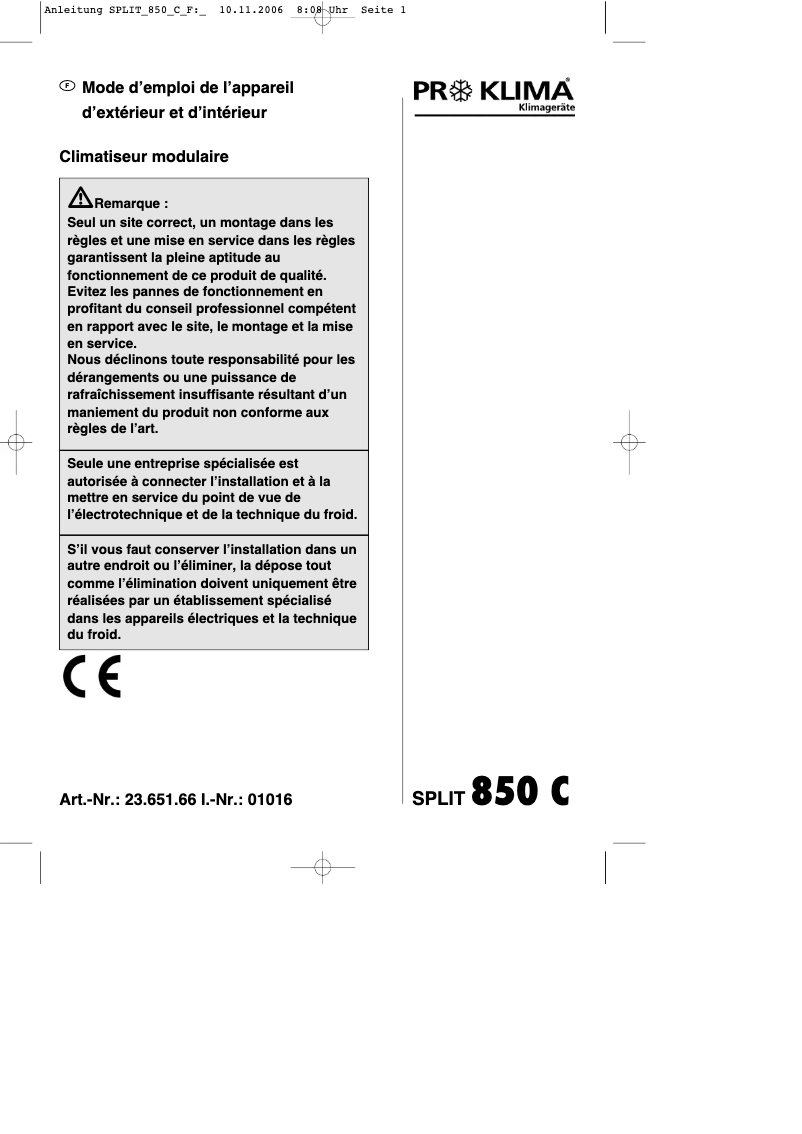 Page n°1 - Manuel utilisateur Proklima SPLIT 850 C