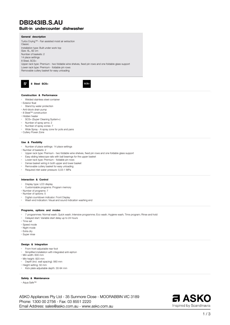 Page n°1 - Fiche technique Asko DBI243IB.S.AU