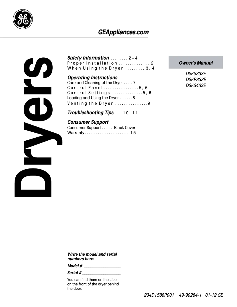 Page n°1 - Manuel utilisateur GE DSKS433EBWW