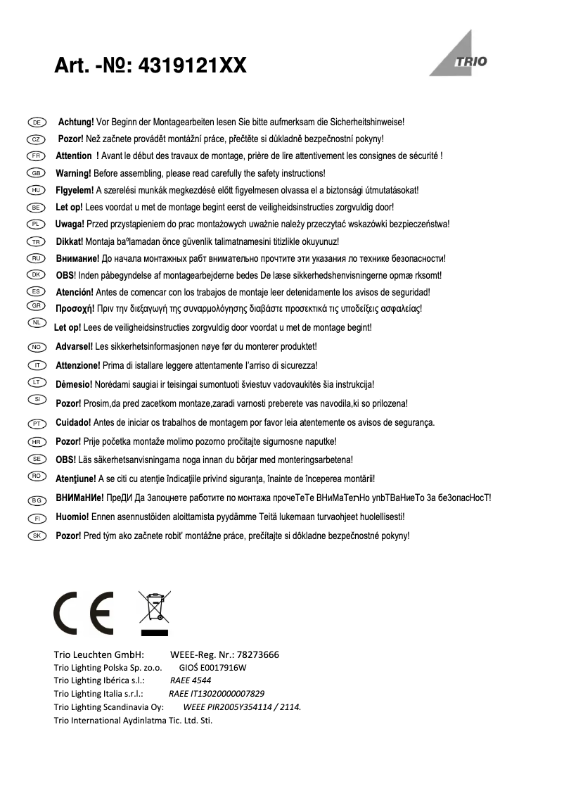 Page n°1 - Manuel utilisateur Trio Lighting Santo 431912108