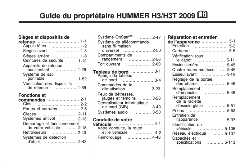 Page n°1 - Manuel utilisateur Hummer H3 (2009)