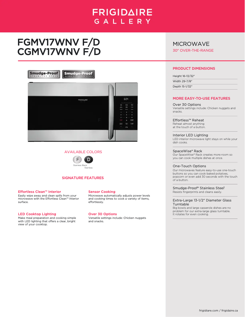 Page n°1 - Fiche technique Frigidaire FGMV17WNVF
