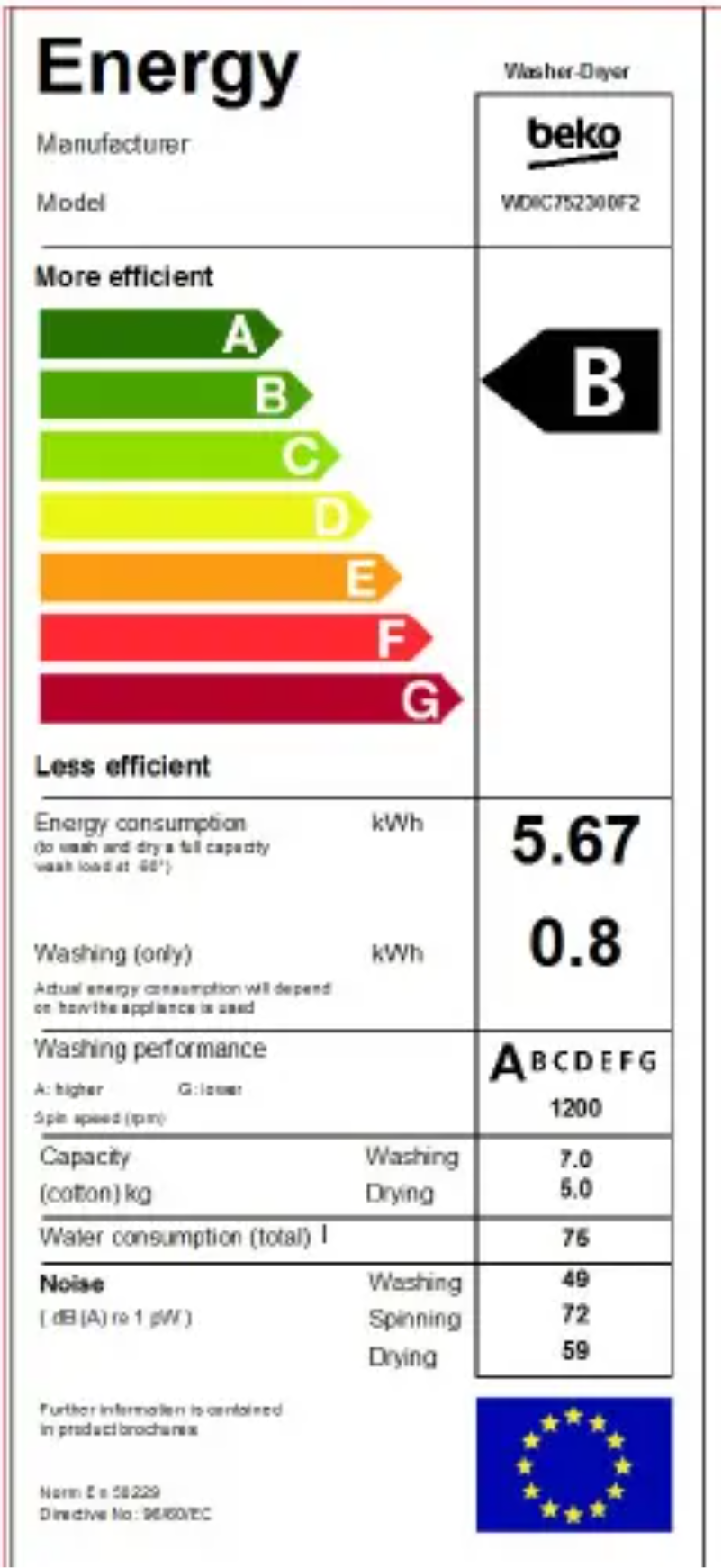 Page 1 de la notice Label énergétique Beko WDIC752300F2