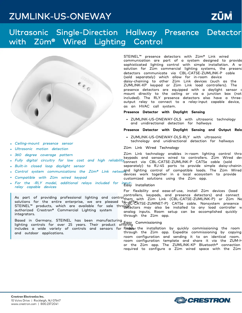 Page n°1 - Fiche technique Crestron ZUMLINK-US-ONEWAY-DLS
