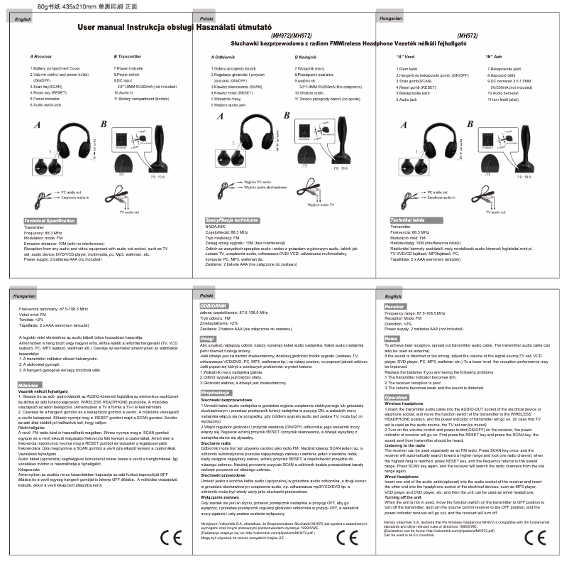 Page 1 de la notice Manuel utilisateur Vakoss MH972