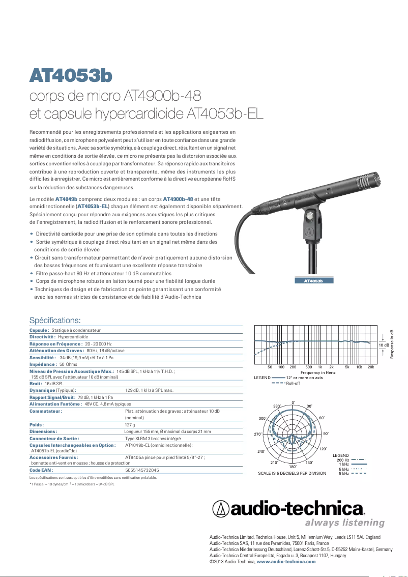 Page n°1 - Fiche technique Audio-Technica AT4053b